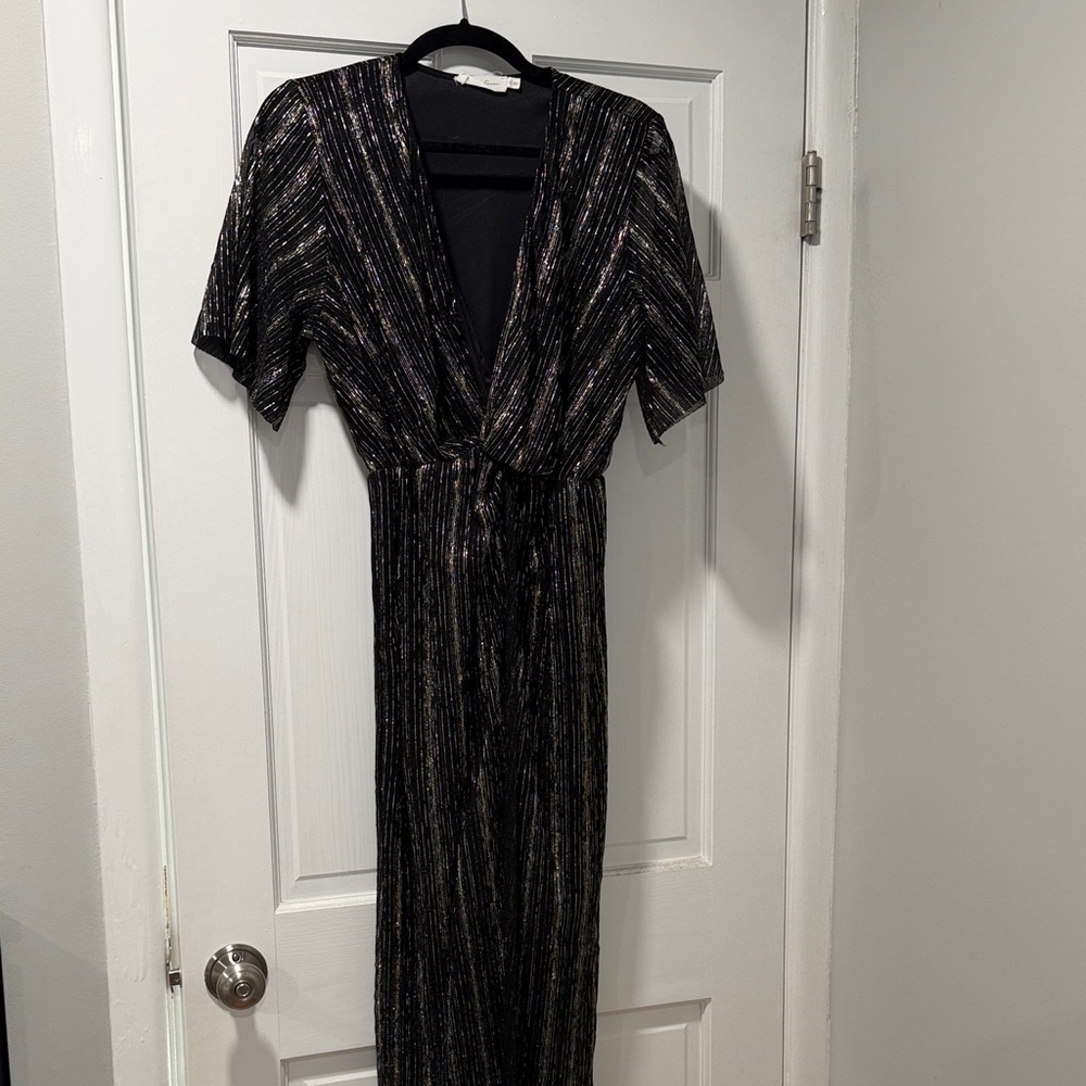 ALL IN FAVOR Elegant Black and Gold Striped Dress